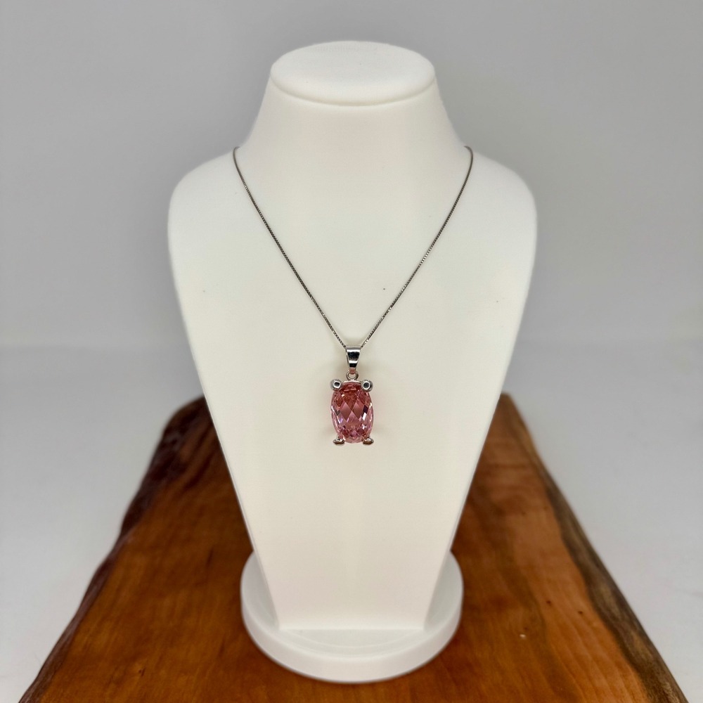 Sterling Silver Necklace with Bold Pink Oval Faceted CZ Gemstone Pendant 18"